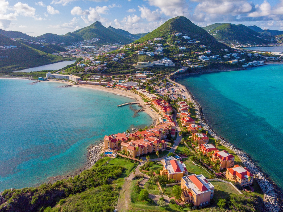 Aerial view of a Caribbean island coastline