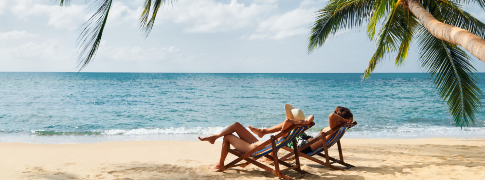 Two people relaxing in beach chairs under palm trees.