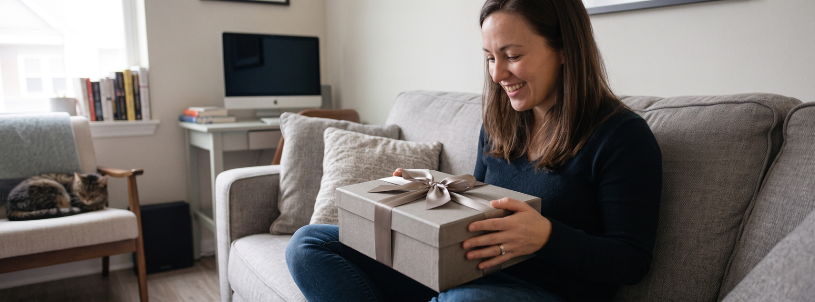 An employee opening a gift box at home.