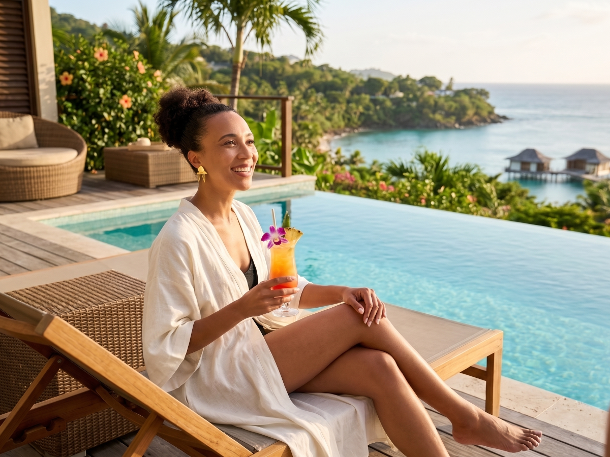 A woman relaxing by a resort pool.